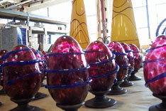 Baubles catch the light in the warehouse
